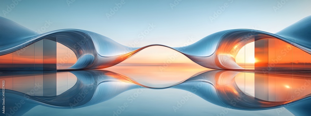 Fototapeta premium Futuristic chrome architecture with curved metallic shapes for elegant 3D car showcase and branding