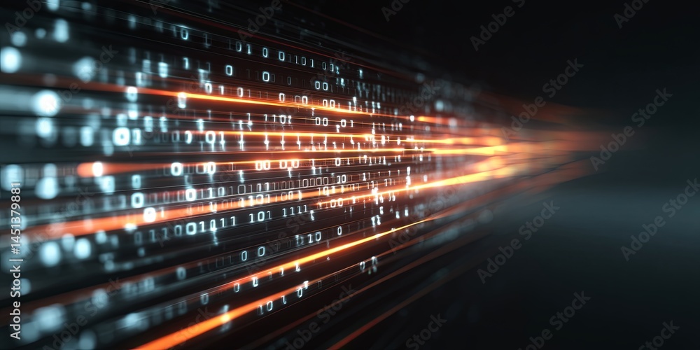 Abstract Digital Background with Glowing Binary Code and Light Trails, Representing Data Processing and Technology Concept Abstract Digital Background with Glowing Binary Code and Light Trails, Representing Data Processing and Technology Concept