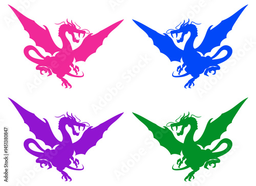 向き合う飛空ドラゴンのシルエット 4色カラフルセット