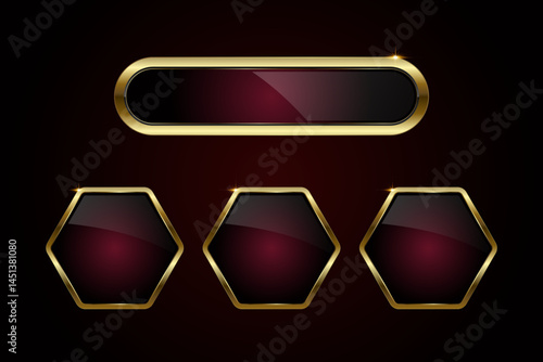Group of premium gold oval and hexagon buttons web UX, UI vector design. Set of four different buttons shape styles in Luxury and gold stoked on dark red background