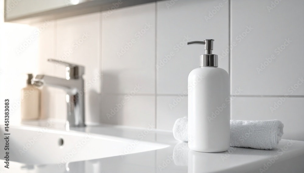 White Shampoo Bottle on Sink with Soft Light and Tiled Background
White Shampoo Bottle on Sink with Soft Light and Tiled Background