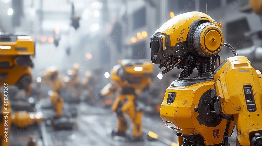 Industrial robots in a futuristic factory setting. Industrial robots in a futuristic factory setting.