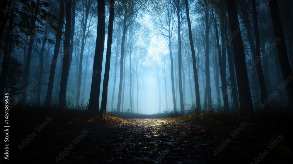 Naklejka premium First-person view in a dark, spooky forest filled with eerie digital glitches, a haunted video game level design