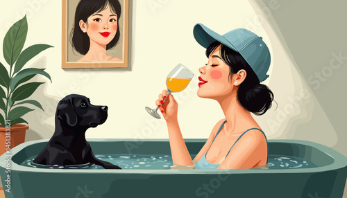 Young woman relaxing in a bathtub with a black dog, enjoying a drink in a cozy setting