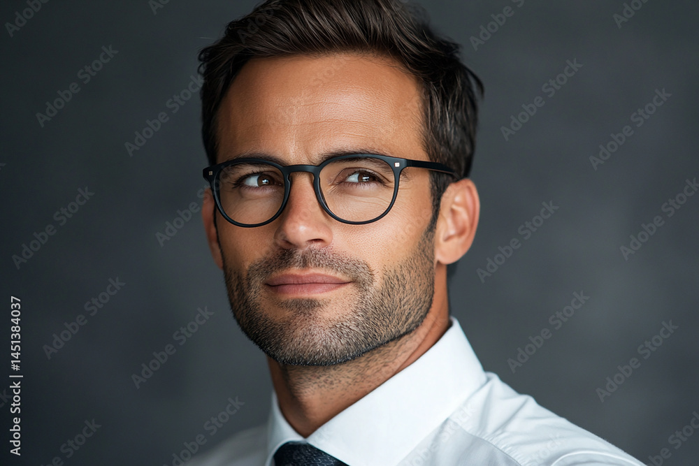 Man wearing glasses looking up Man wearing glasses looking up