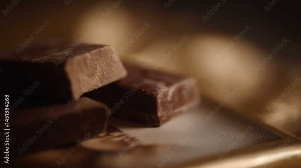 Soft focus scene of chocolate pieces on golden surface Soft focus scene of chocolate pieces on golden surface