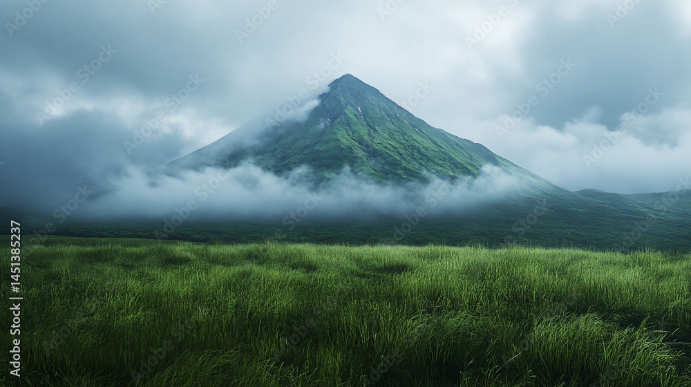 Fototapeta premium Majestic Mountain Peak Emerging Through Misty Clouds in Green Landscape