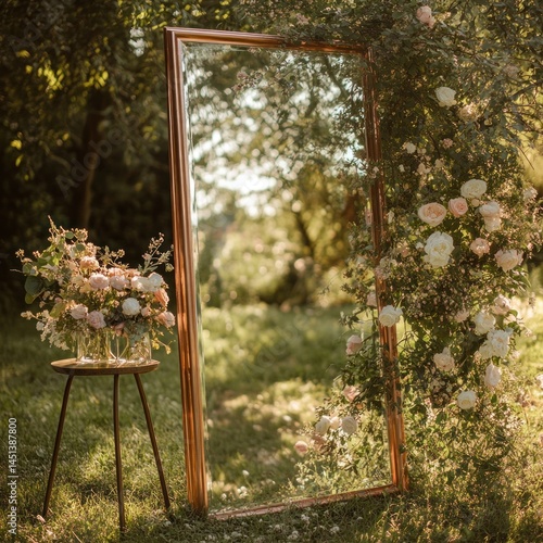 Copper framed mirror reflecting garden, roses.