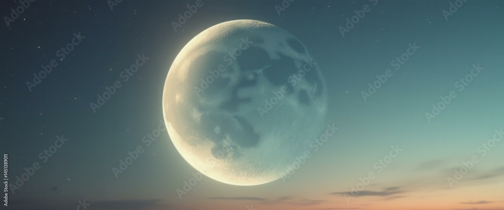 Obraz premium Majestic Lunar Orb Rising Through Softly Lit Sky in Tranquil Evening Sky
