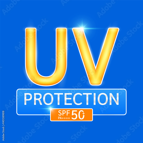 UV Protection with SPF 50 PA+. Protects against UVA, UVB, sunlight and ultraviolet attacks. Logo on dark blue background for design cosmetic products ads. Health care. Vector EPS10.