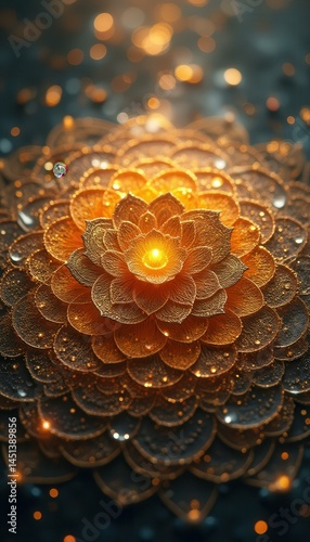 Wallpaper Mural Glimmering Layers: Abstract Flower of Delicate Petals with Luminous Center and Water Droplets Torontodigital.ca