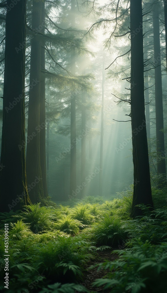 Fototapeta premium Forest Sunlight Beams Through Mist, Tall Trees and Ferns, Creating a Serene Woodland Scene