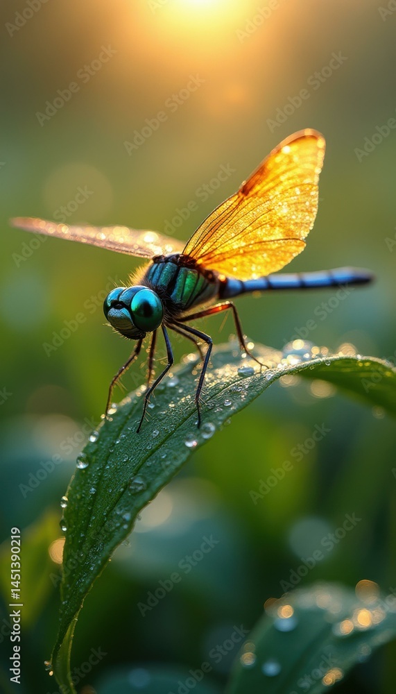 Dragonfly with dew drops on a leaf glitters in the sunrise Dragonfly with dew drops on a leaf glitters in the sunrise