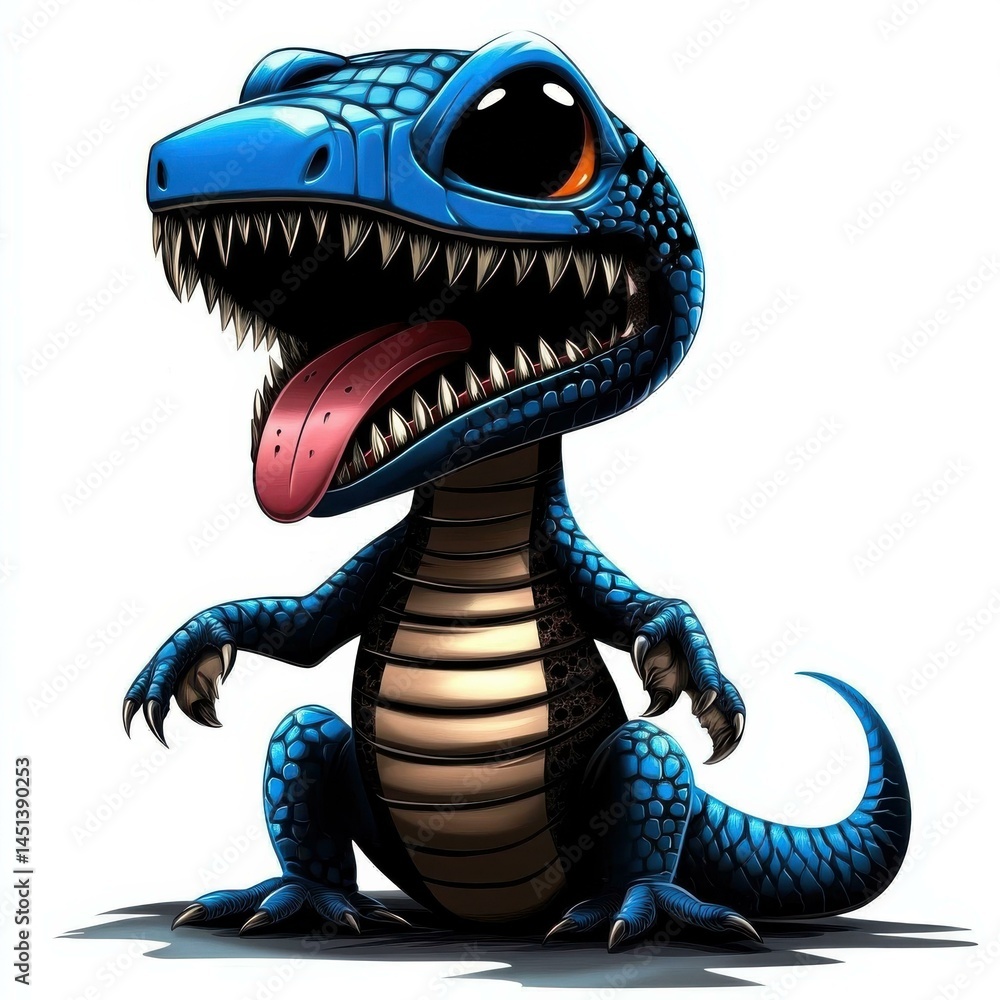 Obraz premium Cartoonish blue-tongued skink illustration with large eyes, sharp teeth, protruding tongue, detailed scales, sitting on white background.
