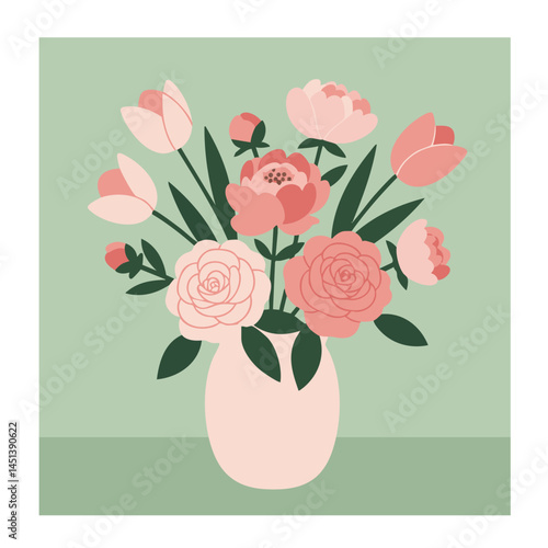 Stylized Floral Arrangement with Pink Tulips and Roses in a Pink Vase