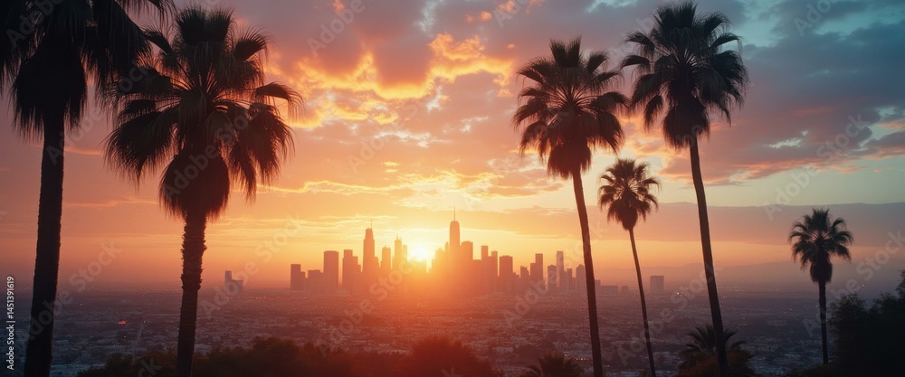 Sunset over a sprawling cityscape with silhouettes of palm trees against colorful clouds