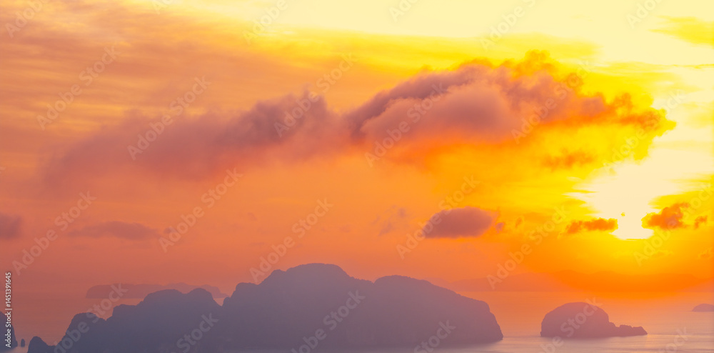 Naklejka premium Aerial view Hong green lush tropical island and Phang Nga bay in turquoise sea Sunrise time, beautiful landscape of nature Thailand