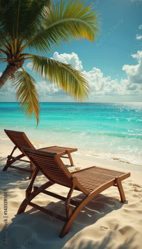 Obraz premium Tropical beach with wooden deck chairs under a palm tree, clear turquoise water, perfect relaxation spot