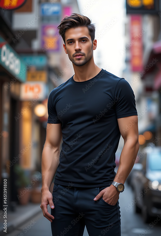 Black t-shirt mockup showing front and back views from different angles. Blank shirt template ideal for multipurpose design use. Vertical image. Black t-shirt mockup showing front and back views from different angles. Blank shirt template ideal for multipurpose design use. Vertical image.