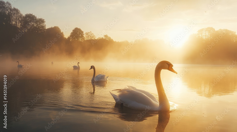 Fototapeta premium Majestic Swans at Golden Sunrise