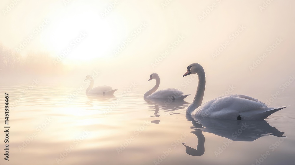 Fototapeta premium Serene Swans at Sunrise: A Misty Morning on the Lake