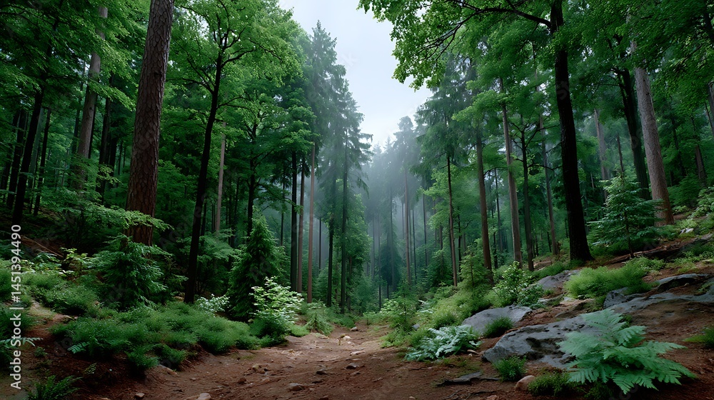 Fototapeta premium Serene Forest Path Misty Green Trees and Lush Undergrowth Nature Trail