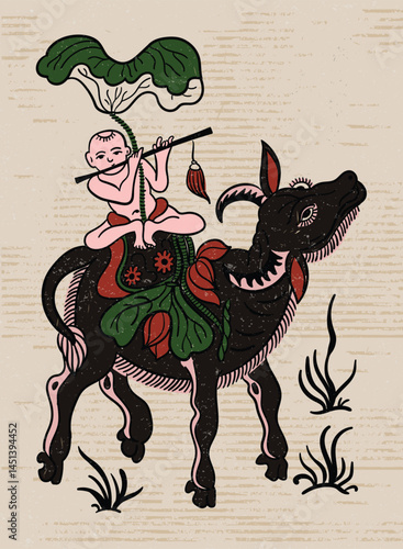 Dong Ho folk painting of a boy playing the flute herding buffalo