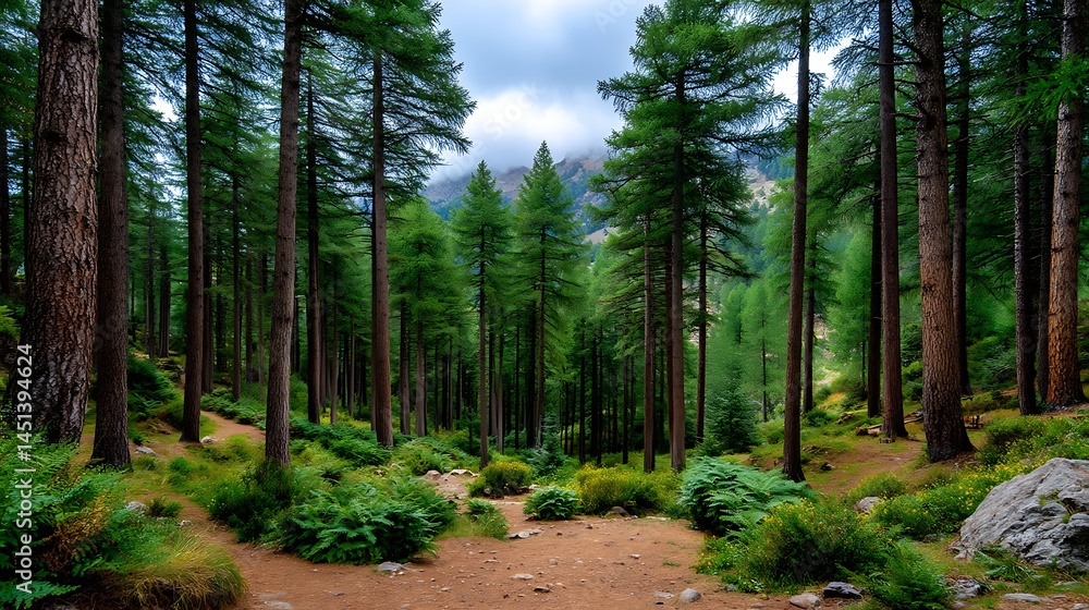 Obraz premium Serene Forest Path Lush Green Trees Winding Trail Mountain View Perfect for Hiking Nature and Relaxation