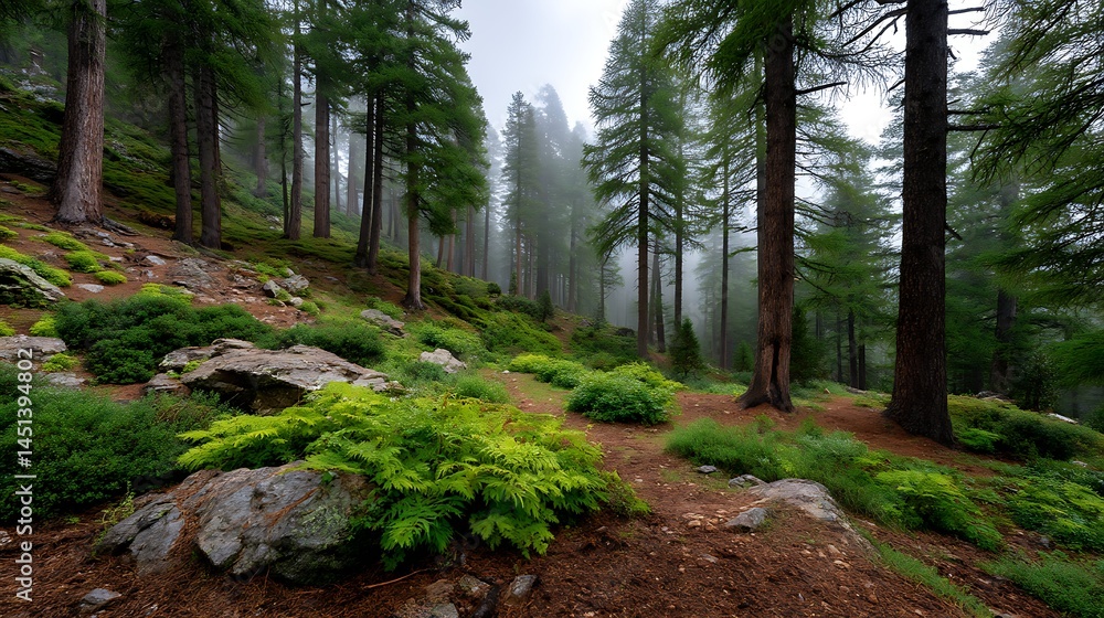 Fototapeta premium Serene Misty Forest Path Lush Green Vegetation and Tall Pine Trees on a Hillside