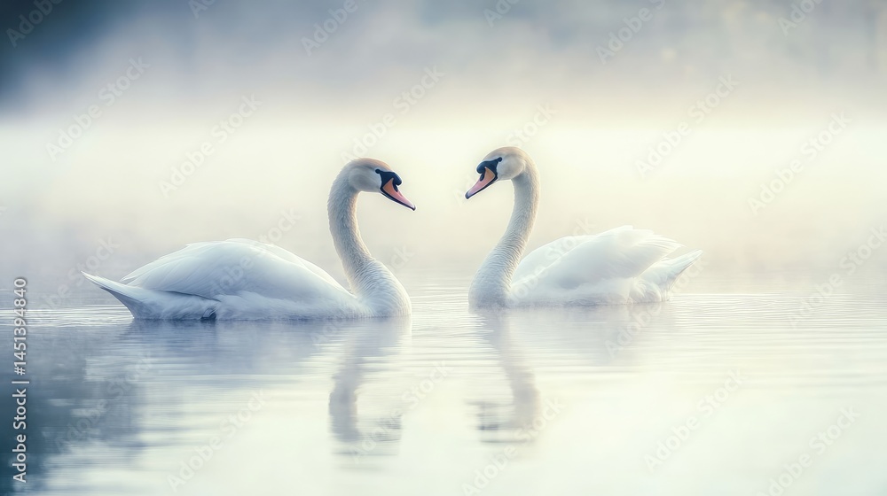 Obraz premium Misty Morning Swans: A Serene Lake Reflection