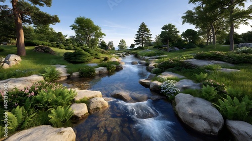 Serene Stream Flowing Through Lush Green Japanese Garden Landscape Peaceful Nature Scene with Rocks and Greenery