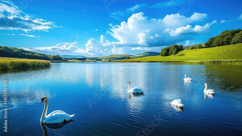 Fototapeta Naklejka Na Ścianę i Meble -  Serene Lakeside Swanscape: A Breathtaking View of Swans Gracefully Swimming on a Tranquil Lake Surrounded by Lush Green Hills Under a Vivid Blue Sky