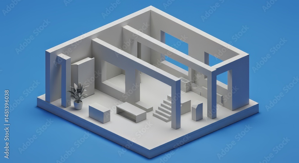 Isometric Room Model with Furniture on Blue Background Illustration Isometric Room Model with Furniture on Blue Background Illustration
