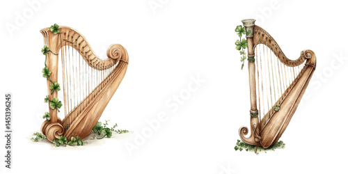 irish harp with clover watercolor vector illustration
