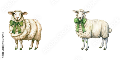 irish sheep wearing green bow watercolor vector illustration