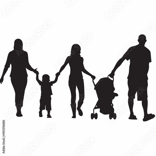 Happy family silhouette strolling parents holding toddler and baby stroller bold black shapes against white background