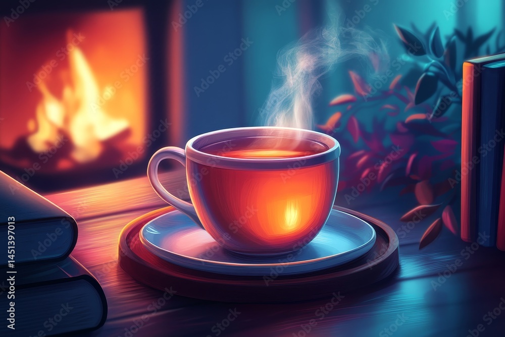 Obraz premium elegant vector illustration of a steaming cup of tea on a small tray, with a cozy background of books and a fireplace, Generative AI