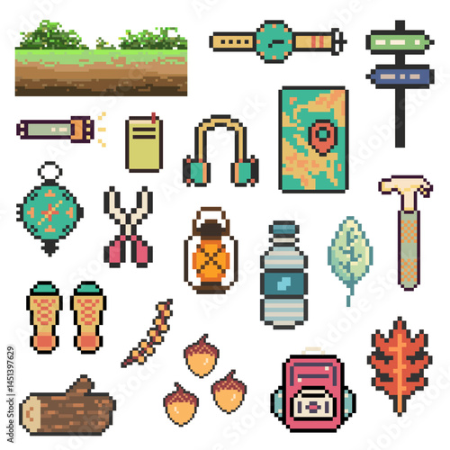 hiking objects retro pixel art