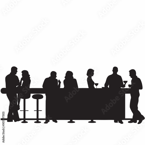 Silhouettes of friends enjoying drinks at a bar a stylish black and white illustration with a simple minimalist design