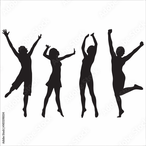 Four joyful figures leaping celebrating freedom and happiness in dynamic silhouettes against a clean white background