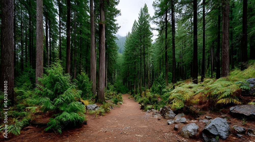Fototapeta premium Serene Forest Path A Tranquil Nature Trail Winding Through Tall Evergreen Trees