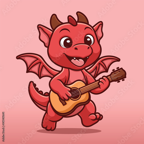 Cute Red Dragon Playing Guitar