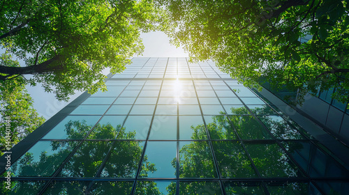 Green glass building with sunlight and tree background, sustainable architecture concept