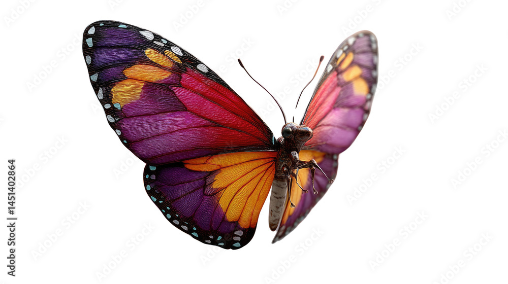 Fototapeta premium Butterfly in Full Bloom: A stunning macro shot captures the intricate beauty of a vibrantly colored butterfly, showcasing its delicate wings, rich hues, and the natural world's exquisite details.