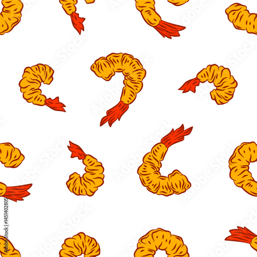 Tempura Shrimp Pattern background. Fried Shrimp doodle illustration Background. Seafood Pattern Design. Crunchy Tempura Pattern.
