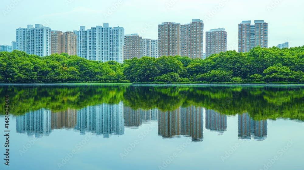 Fototapeta premium Serene cityscape reflection over tranquil lake blending nature and architecture