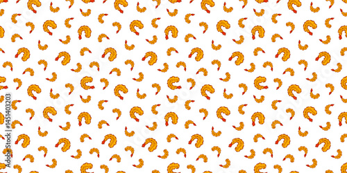 Tempura Shrimp Pattern background. Fried Shrimp doodle illustration Background. Seafood Pattern Design. Crunchy Tempura Pattern.