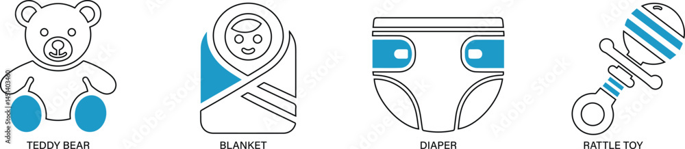 Line-style vector icons for child care, covering daycare, parenting, education, and health. Line-style vector icons for child care, covering daycare, parenting, education, and health.