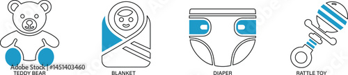 Line-style vector icons for child care, covering daycare, parenting, education, and health.