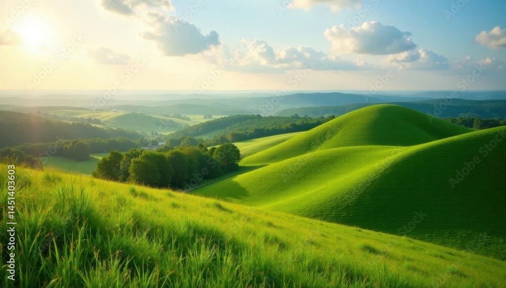 Obraz premium Rolling green hills, Sk?ne nature reserve Sunlight illuminates gentle slopes , pasture, elevation